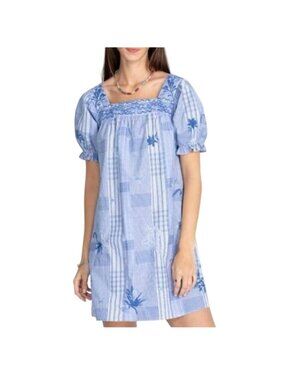 NWT Johnny Was XL Marbella Square Neck Dress Blue Plaid Embroidered MSRP $348